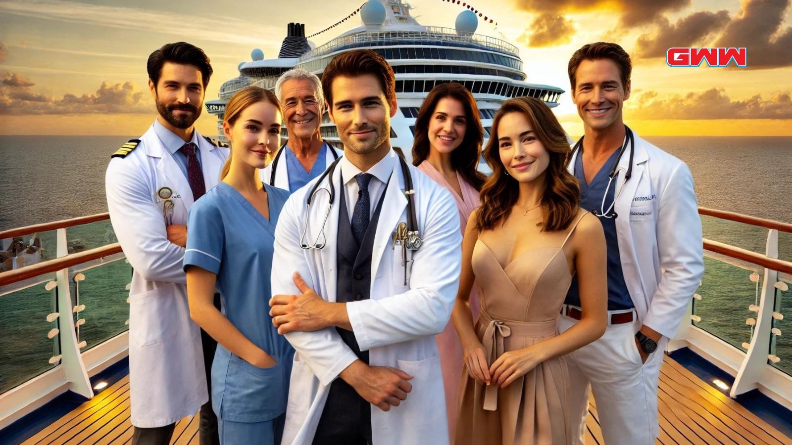 The cast of Doctor Odyssey, consisting of five people, on the deck of a luxurious cruise ship. 