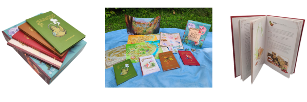 a stack of Teatime Adventures books on top of the Tea Pets box, all the items laid out on a picnic blanket (books, maps, box, GM screen, stickers, dice, and an interior picsture of the Tea Pets book