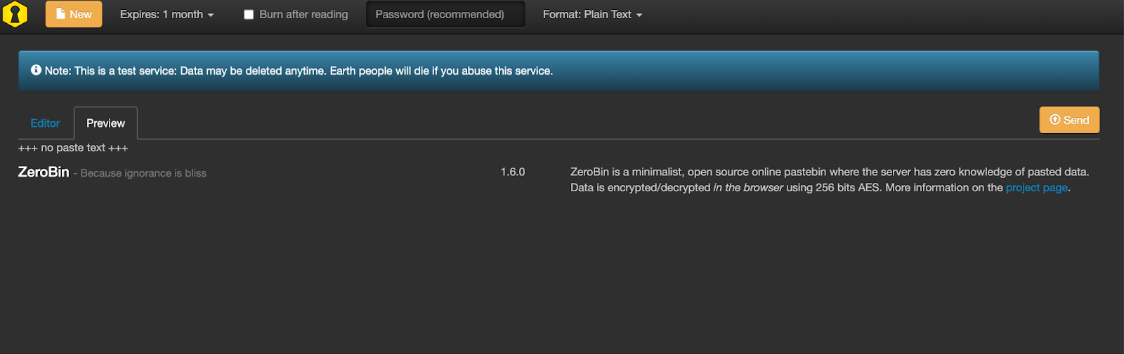 Screenshot of ZeroBin on the dark web