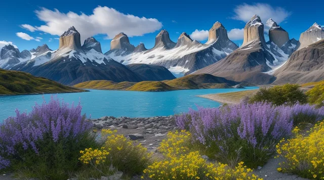 Hikers navigating the rugged trails of Patagonia’s Torres del Paine National Park, surrounded by towering granite peaks, glacial lakes, and vast open landscapes. The dramatic beauty of Patagonia offers some of the most awe-inspiring scenery in the world.