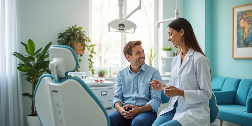 Welcoming dental office with a dentist and patient interaction.