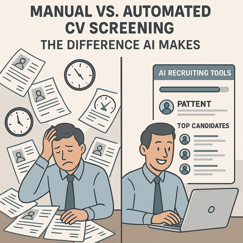 Infographic contrasting manual resume screening—depicting a stressed recruiter with paper stacks—versus automated AI recruiting tools, showing a recruiter quickly identifying top candidates on a laptop.