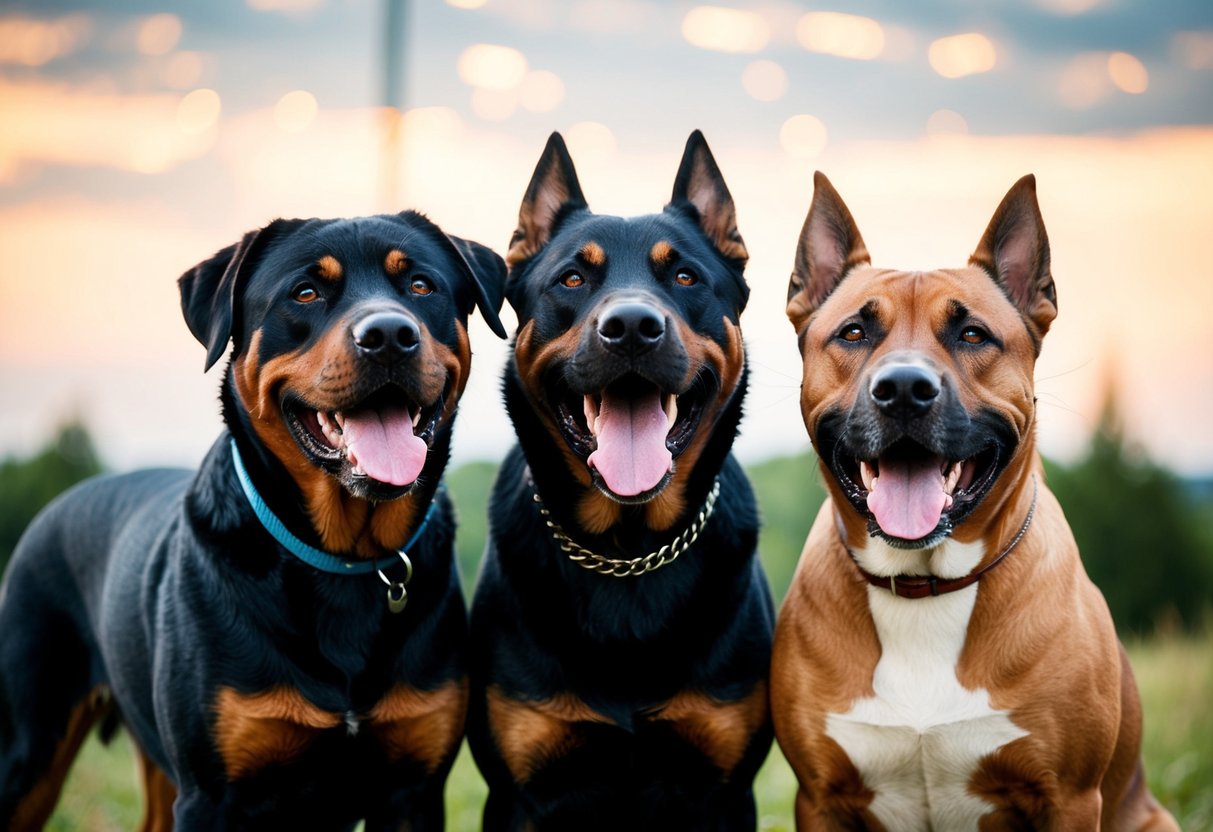 A pack of dogs, including a Rottweiler, German Shepherd, and Pitbull, standing together, showing their teeth and demonstrating their strong bites