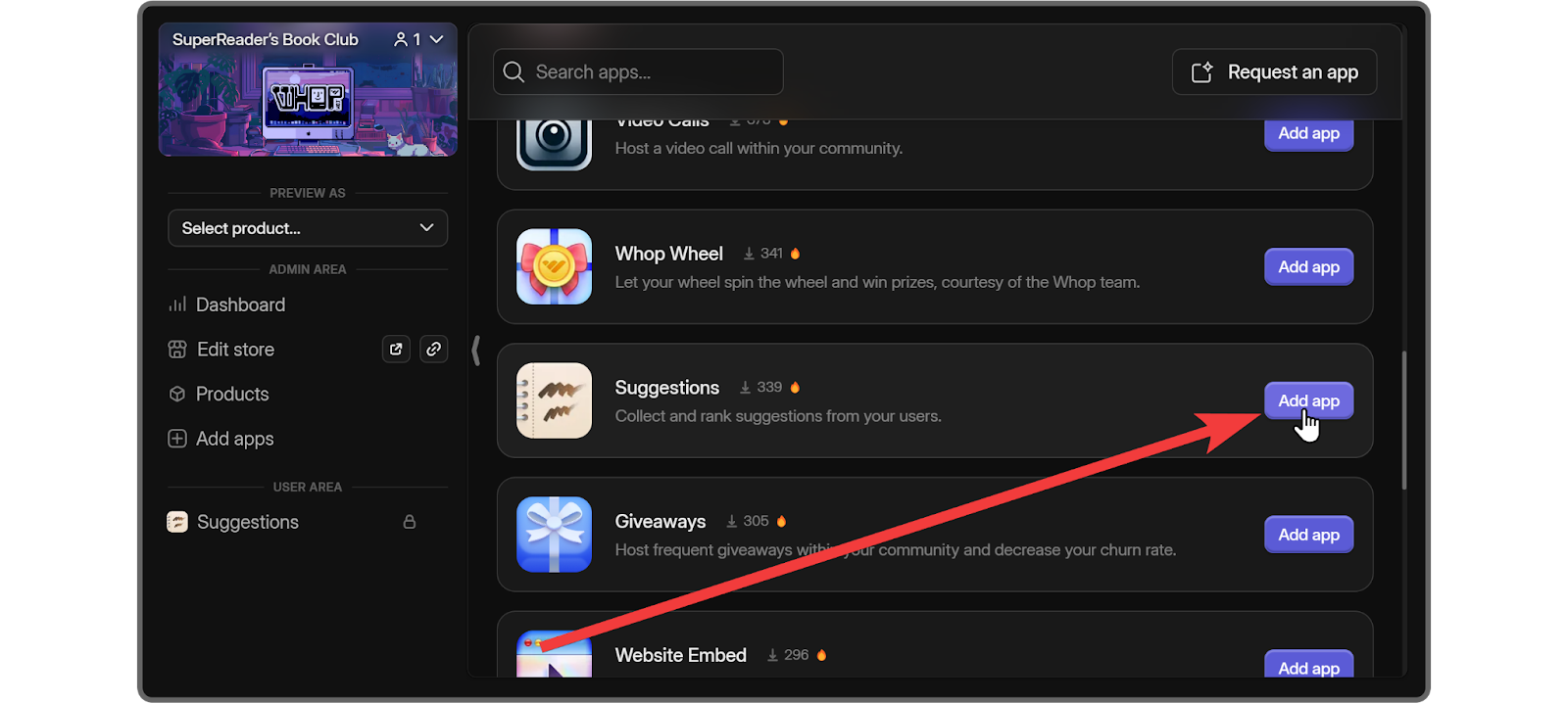 Add app button of the Suggestions app on Whop