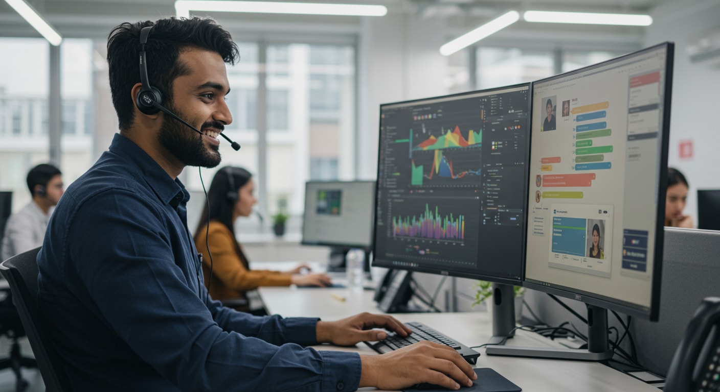 Contact center agent using cloud-based CCaaS tools to support customers in a telecom reseller setup.