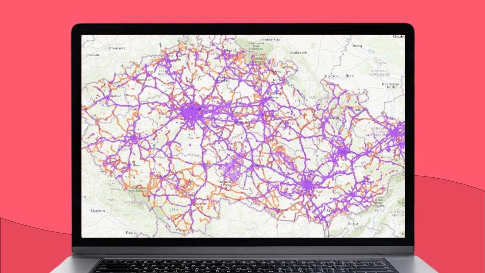 Mapa Czech z zaznaczonym obszarem zasięgu sieci komórkowej O2 Czech Republic