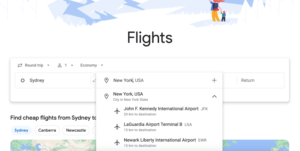 Screenshot of Google Flights search bar 