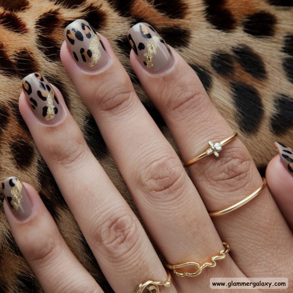 Neutral Leopard Print Nails having Elegant Taupe with Gold Highlights
