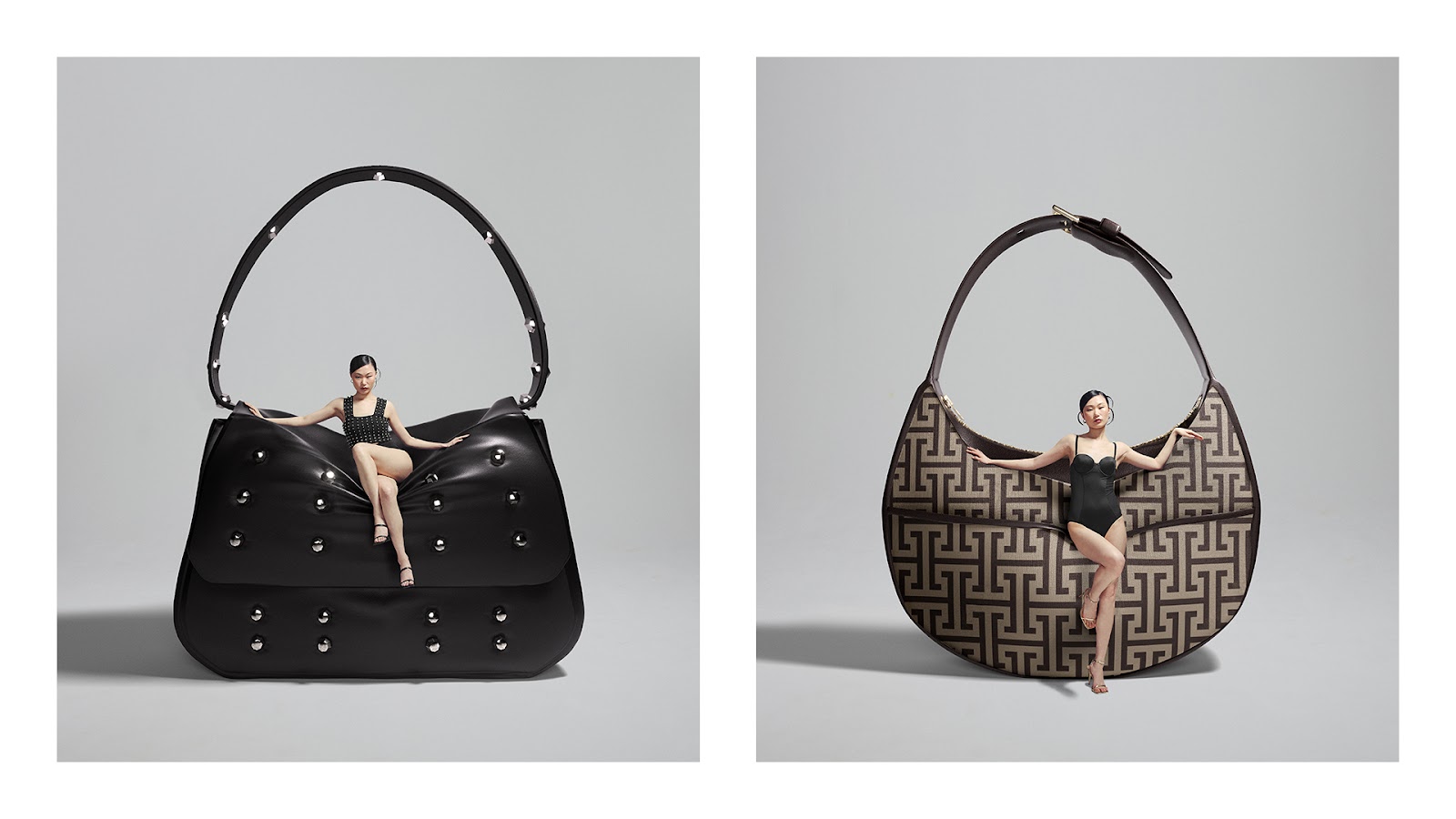 CGI photography model work of a woman posed on a handbag.