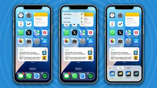 Beberapa iPhone dengan latar belakang biru, masing-masing menunjukkan cara berbeda untuk mengedit Layar Beranda di iOS 18.