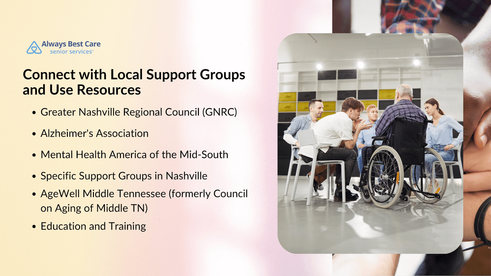 This infographic details how caregivers can connect with local support groups and access resources