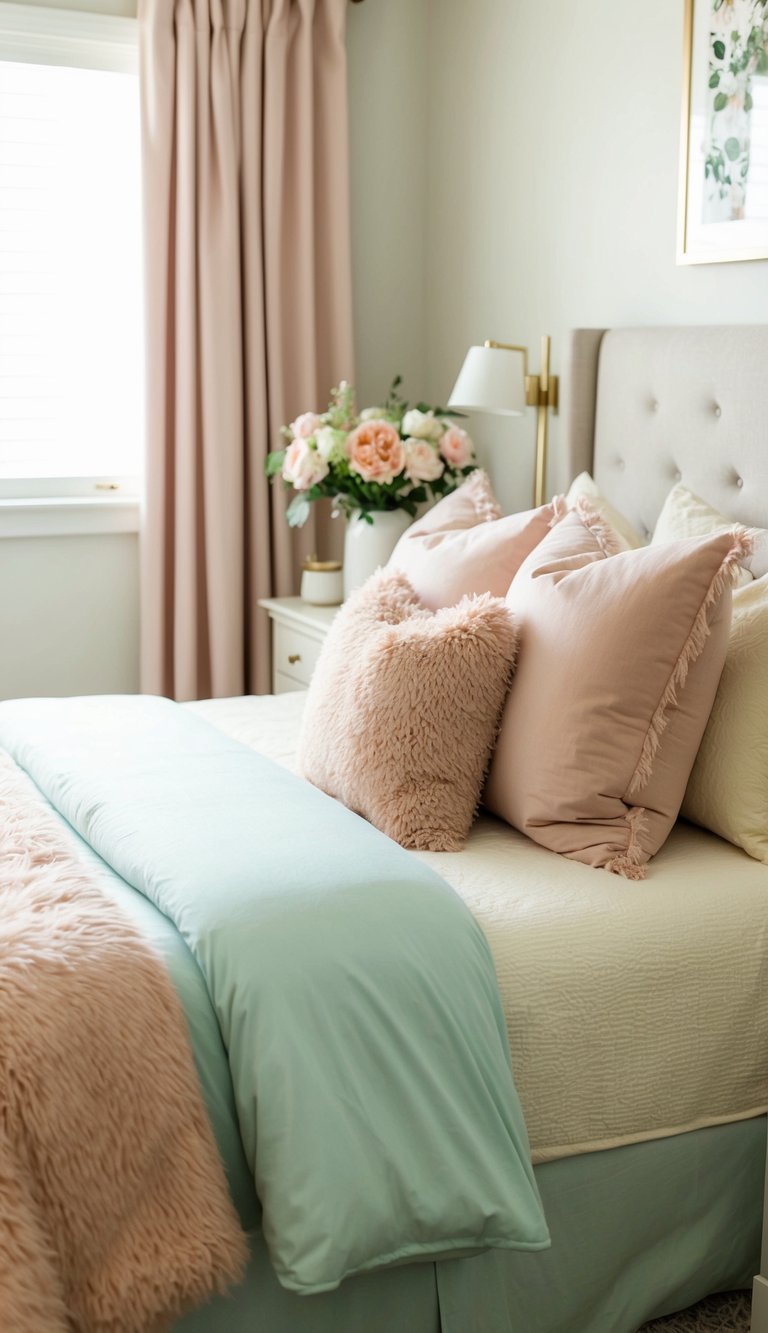 A cozy guest bedroom with pastel-colored bedding, fluffy pillows, and soft lighting. A vase of fresh flowers sits on the nightstand