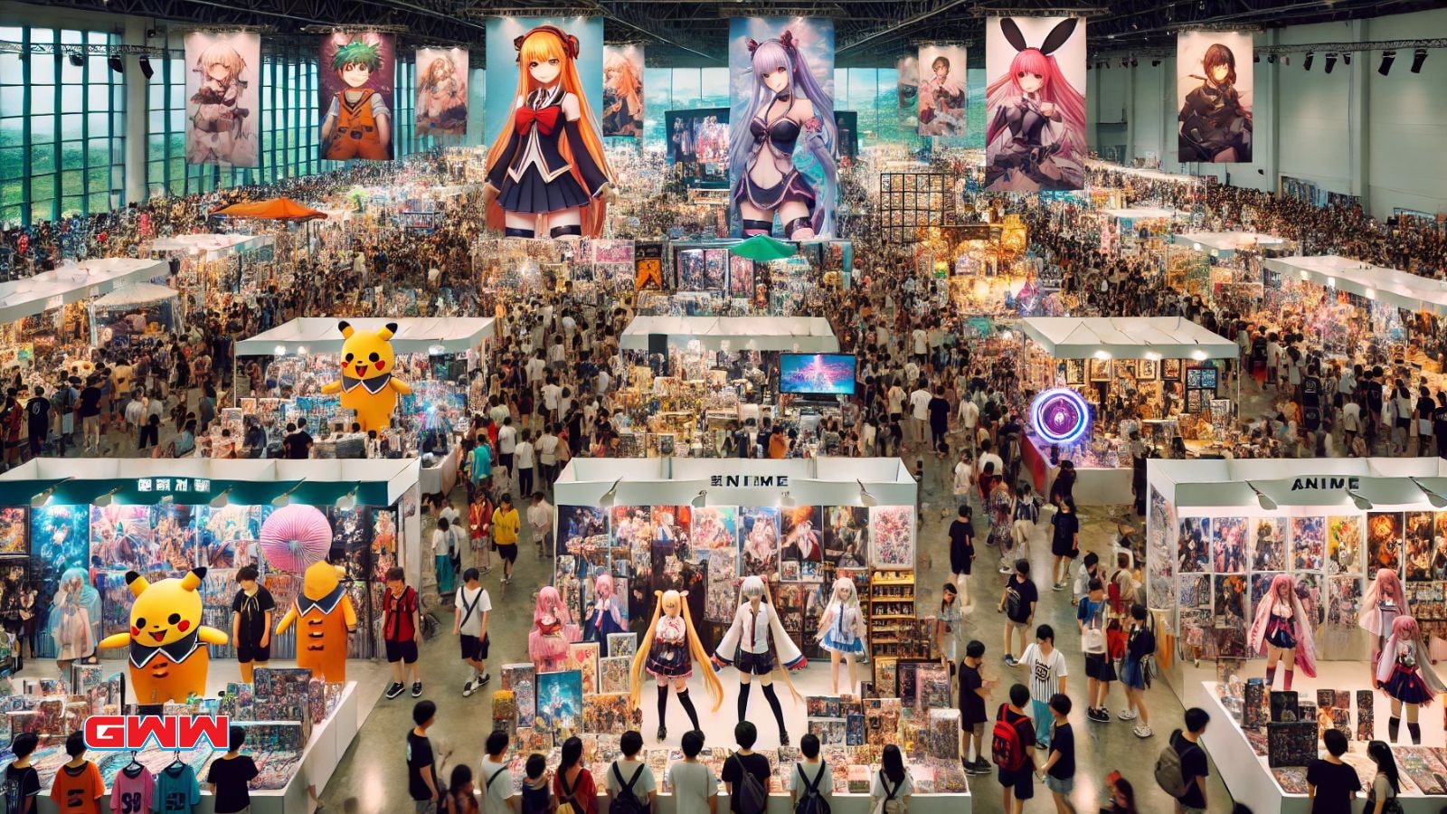 A large and vibrant gathering of anime fans in a lively convention setting.