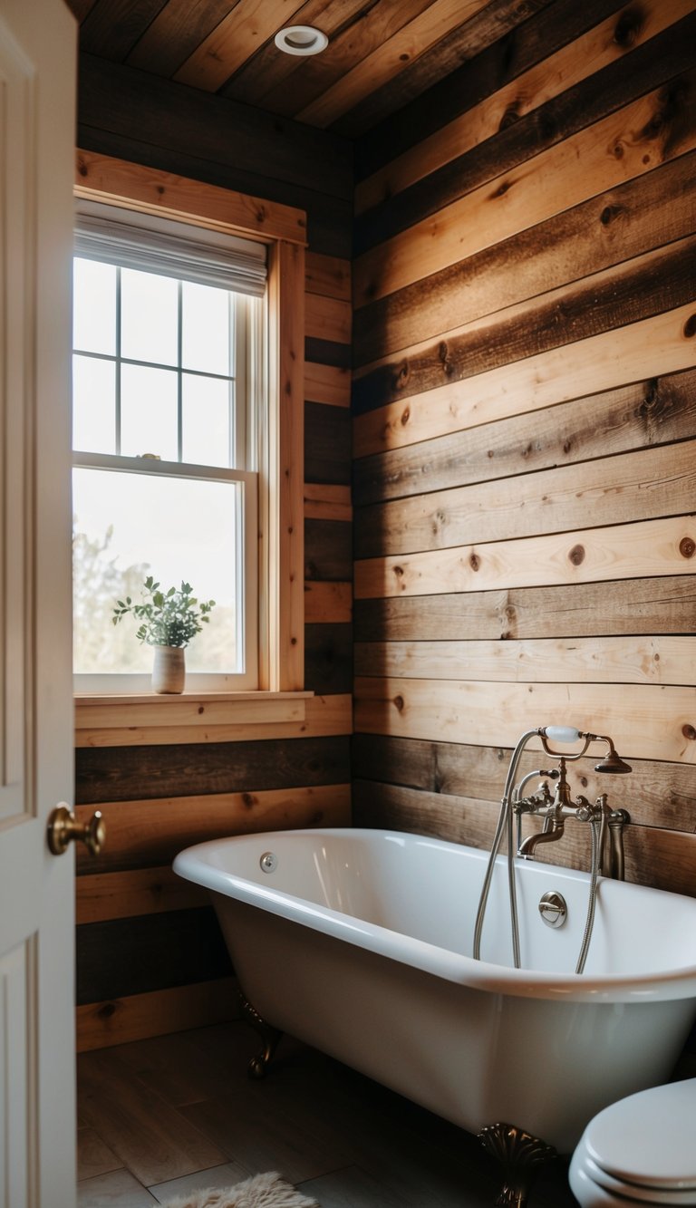 A cozy bathroom with rustic wood shiplap walls, a vintage clawfoot tub, and soft ambient lighting