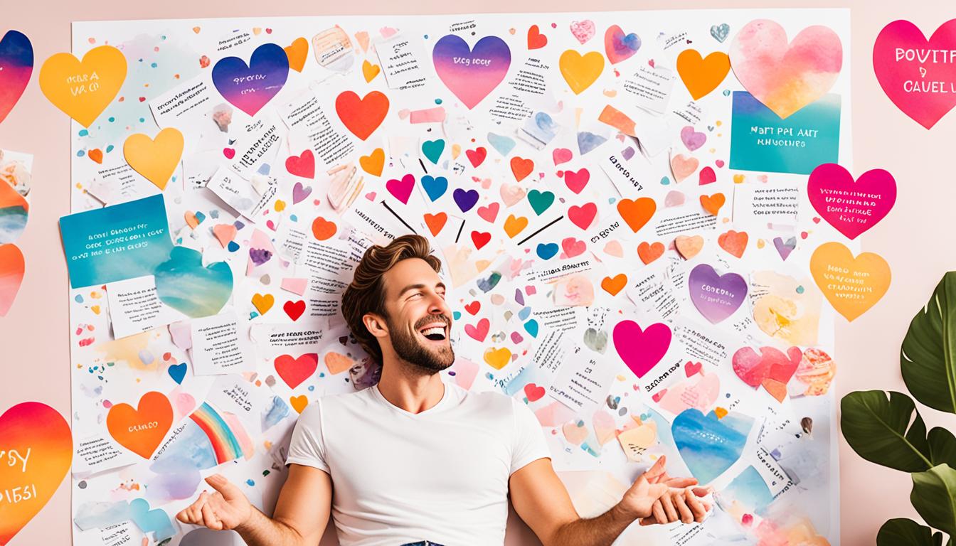 A person sitting in front of a vision board with cut-out images of happy couples, hearts, and positive affirmations. The person has their eyes closed and is visualizing the return of their ex-partner, surrounded by a bright aura of energy and love.