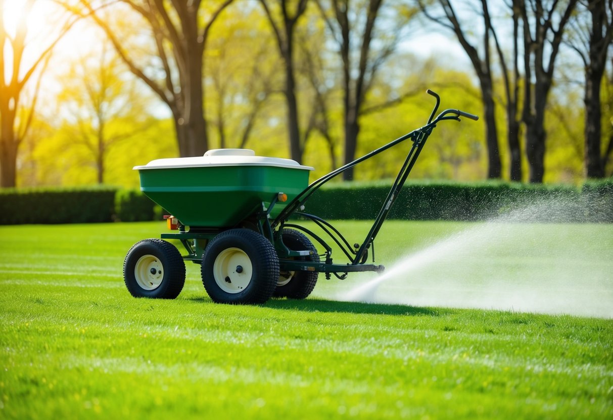 A lush green lawn with a spreader applying fertilizer on a sunny spring day