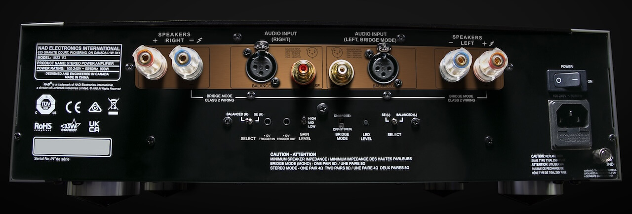 NAD M23 V2 Stereo Power Amplifier rear view.