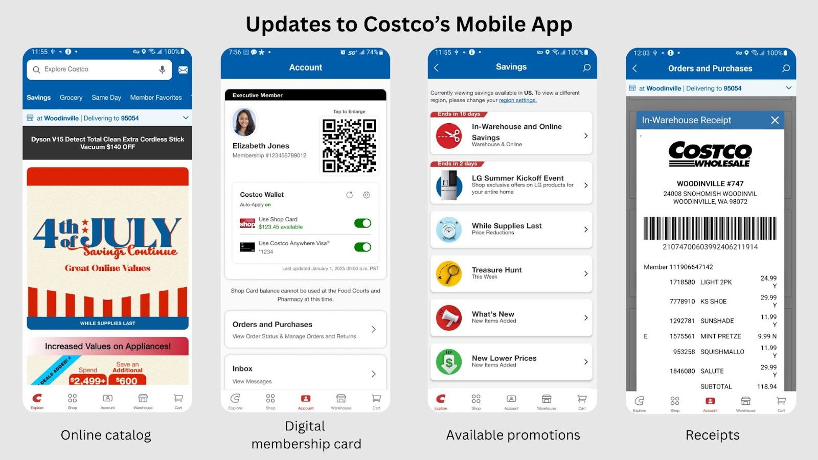 Four Costco app screens showing features like catalog, digital membership, savings, and digital receipts.