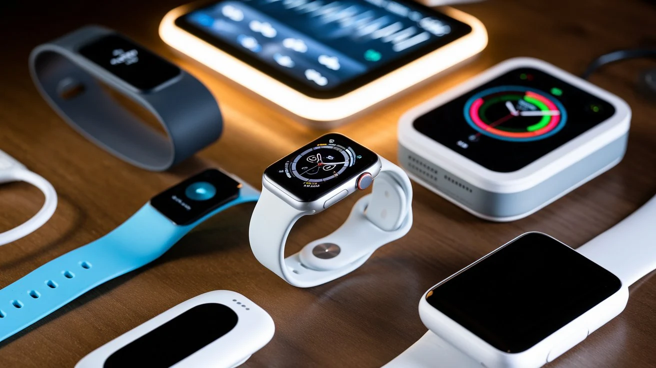 Various wearable health devices including smartwatches, fitness trackers, and medical monitoring devices with a focus on their modern designs