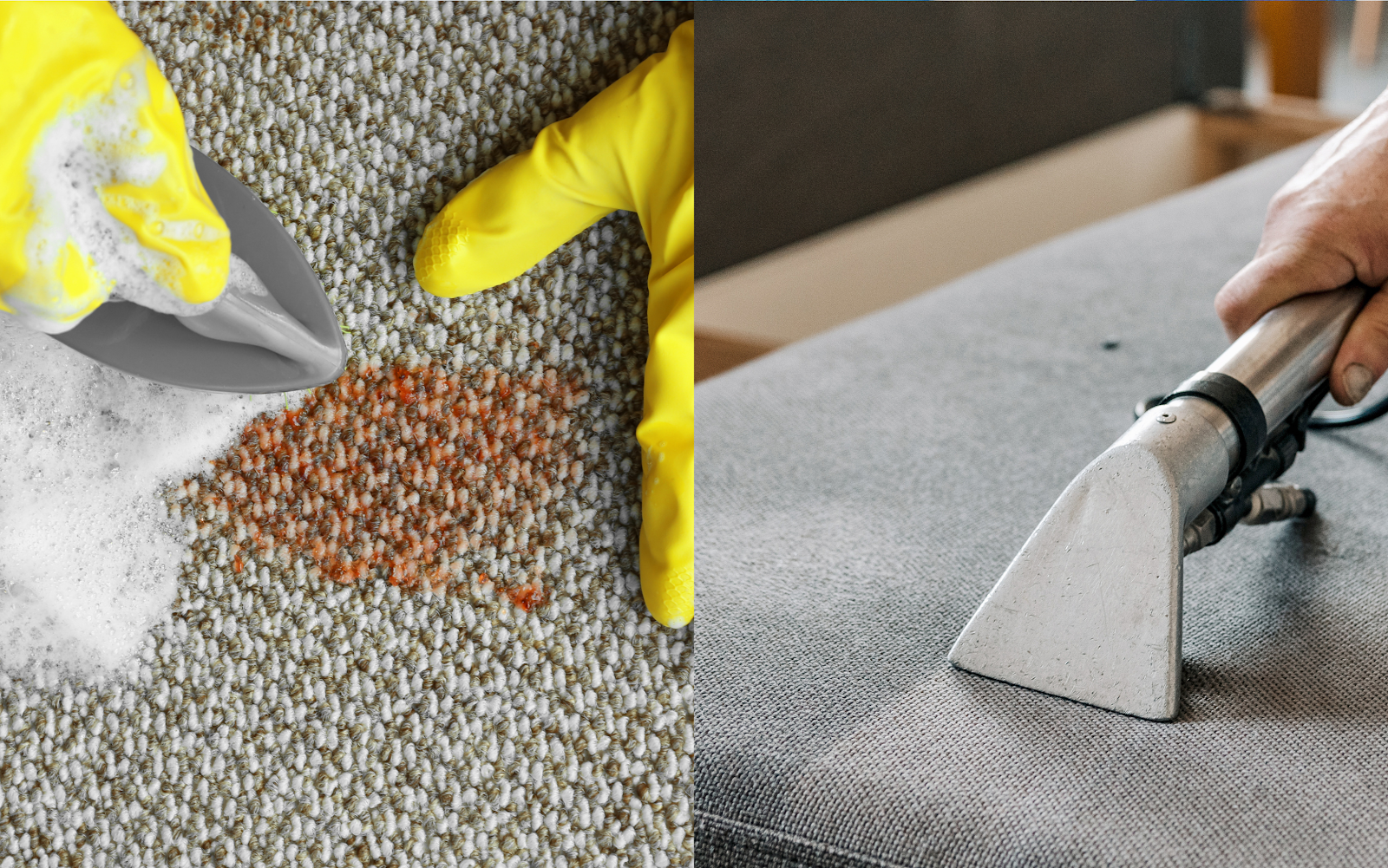 Spot cleaning carpet stain with gloves and vacuuming upholstered bed base – divan bed maintenance techniques