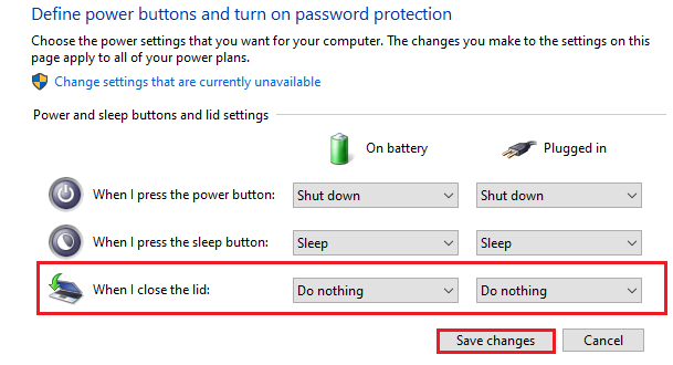 A screenshot of the "define power buttons and turn on password protection" button in windows, highlighting the drop-down options for what to do when you close the laptop lid.