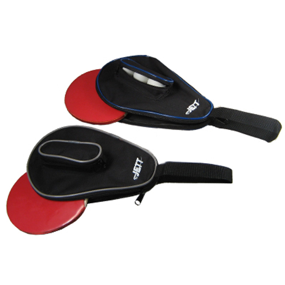 Two red ping pong paddles inside Jett Ping Ping paddle cases.