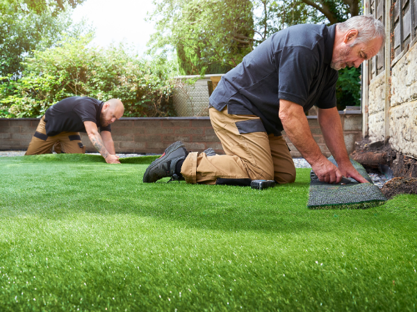 Two workers kneeling and installing artificial grass carpet in a residential backyard.