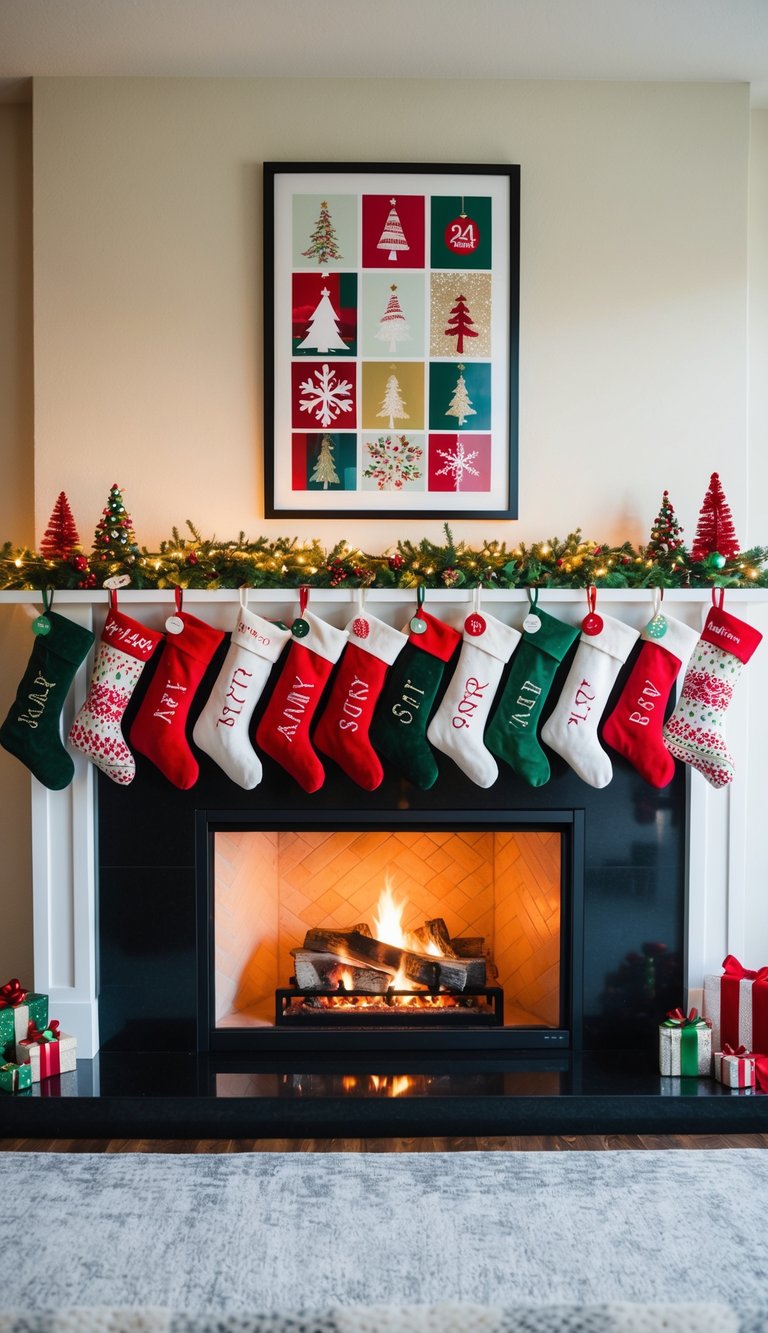 A fireplace with 24 personalized stockings hanging from the mantel, each adorned with unique decorations and colors for Christmas