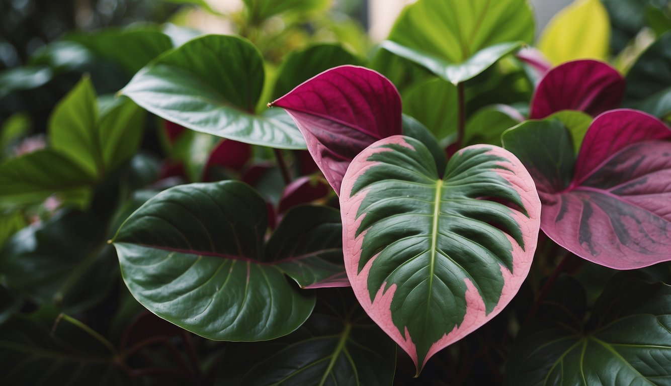 Lush green Philodendron Burgundy Princess beside vibrant Pink Princess, showcasing their unique leaf patterns and colors