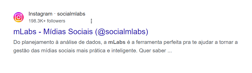 Resultado orgânico do Google para “mlabs instagram”