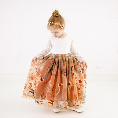 Boho Flower Girl Lace Dress with a burnt orange/rust colored embroidered  tulle skirt