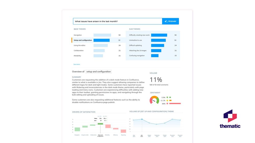 Thematic's AI analysis allows you to easily explore the themes in your Voice of Customer data.