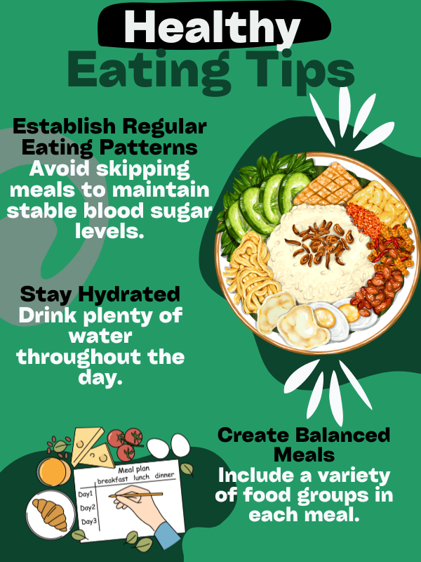 Infographic with healthy eating tips: regular meals, hydration, balanced meals for managing eating disorders