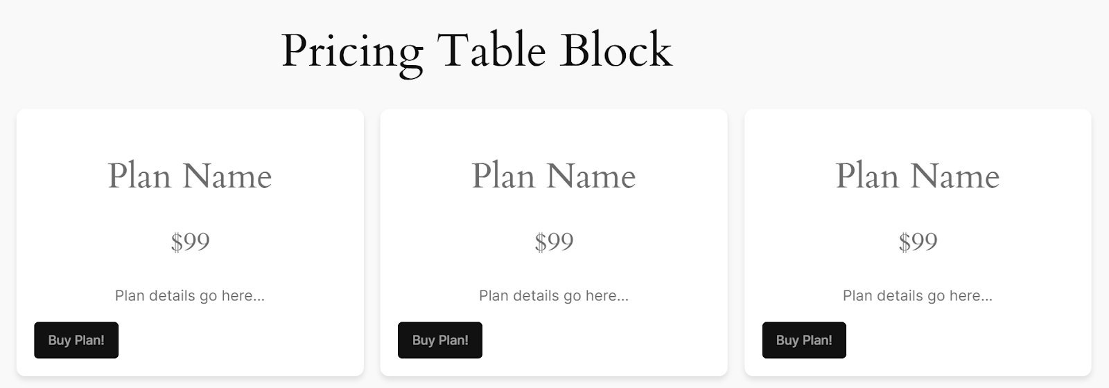 The pricing table block is duplicated across all three columns. 