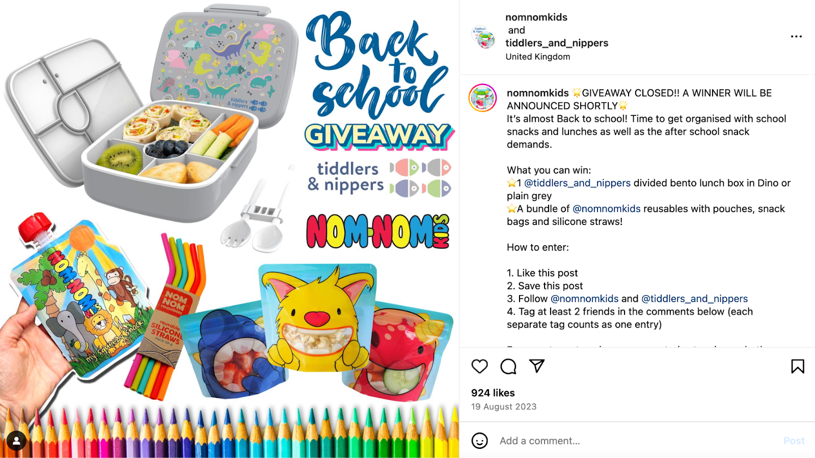 Nom Nom Kids Instagram post for a back-to-school giveaway