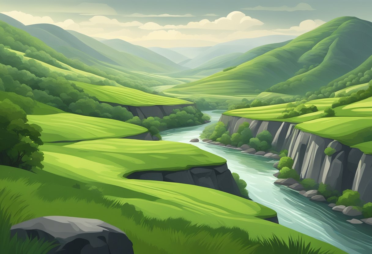 A lush green landscape with rolling hills, rocky cliffs, and a winding river under a cloudy sky