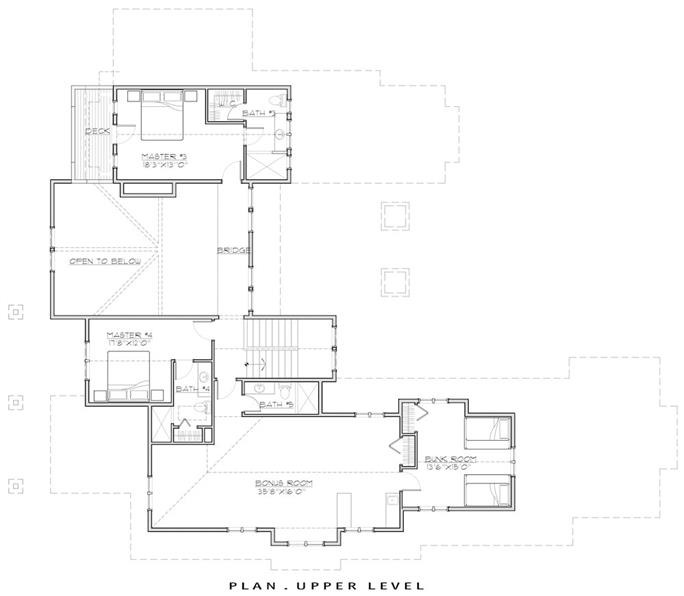 Second level floor plan with three bedrooms and a large bonus room.