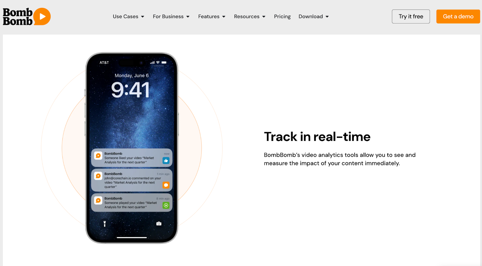 BombBomb-Video email tracking in rea-time feature section