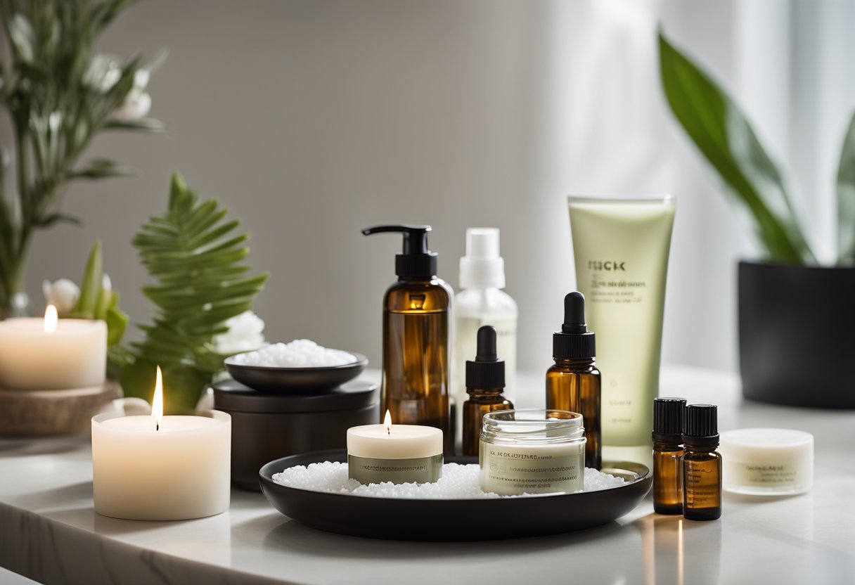 A serene spa-like setting with a table filled with various neurotoxin products, alongside skincare tools and equipment for facial rejuvenation