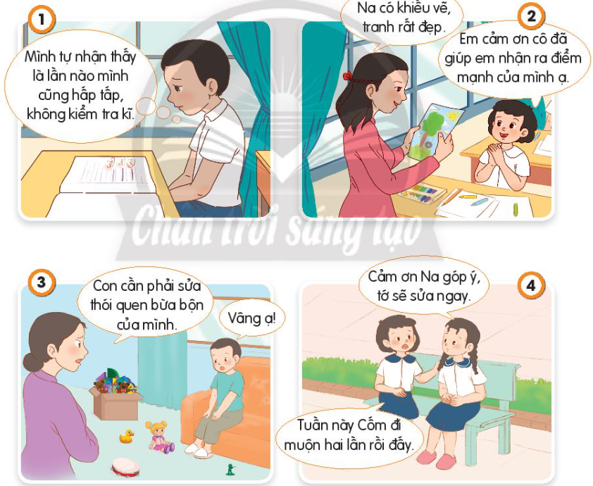 CHỦ ĐỀ: KHÁM PHÁ BẢN THÂNBÀI 8: KHÁM PHÁ ĐIỂM MẠNH, ĐIỂM YẾU CỦA BẢN THÂNA. KHỞI ĐỘNGGv tổ chức cho HS chơi trò chơi “Thám tử nhí”.NỘI DUNG BÀI HỌC GỒM:Quan sát tranh và cho biết các bạn trong tranh có điểm mạnh, điểm yếu nào?Quan sát tranh và trả lời câu hỏiCác bạn trong tranh tự đánh giá điểm mạnh, điểm yếu của bản thân bằng cách nào?B. HOẠT ĐỘNG HÌNH THÀNH KIẾN THỨCHoạt động 1: Quan sát tranh và cho biết các bạn trong tranh có điểm mạnh, điểm yếu nào?Quan sát tranh và cho biết các bạn trong tranh có những điểm mạnh, điểm yếu nào?  Nội dung ghi nhớ:+ Tranh 1:Điểm mạnh: kể chuyện hay.Điểm yếu: còn nhút nhát, chưa biết cách làm quen.+ Tranh 2: Điểm mạnh: cao, khỏe.Điểm yếu: ghi nhớ không tốt. + Tranh 3:Điểm mạnh: đàn hay, nói tiếng Anh tốt. Hoạt động 2: Quan sát tranh và trả lời câu hỏiNhận ra điểm mạnh, điểm yếu của bản thân sẽ giúp gì cho các bạn trong tranh? Nội dung ghi nhớ:Nhận ra điểm mạnh, điểm yếu của bản thân sẽ giúp cho các bạn + Tự tin tham gia phong trào của lớp.+ Phải cố gắng luyện đọc nhiều hơn. Hoạt động 3: Các bạn trong tranh tự đánh giá điểm mạnh, điểm yếu của bản thân bằng cách nào?Các bạn trong tranh tự đánh giá điểm mạnh, điểm yếu của bản thân bằng cách nào?  Nội dung ghi nhớ:+ Tranh 1: Bin tự đánh giá được điểm yếu của mình là hấp tấp, không kiểm tra kĩ lại nên kết quả có nhiều lỗi sai.+ Tranh 2: Na được cô giáo khen là có năng khiếu vẽ tranh đẹp. Thông qua lời khuyên của cô giáo, Na nhận ra điểm mạnh của mình.C. HOẠT ĐỘNG LUYỆN TẬPCâu 1: Vì sao cần phải biết điểm mạnh, điểm yếu của bản thân?A. Biết điểm mạnh, điểm yếu làm bản thân tự ti với mọi người. B. Biết điểm mạnh, điểm yếu làm bản thân  không ngừng phát triển.C. Biết điểm mạnh, điểm yếu của bản thân để không ngừng phát triển, tập trung phát huy điểm mạnh, nỗ lực cải thiện điểm yếu và hoàn thiện bản thân.Câu 2: Bạn nam trong tranh đã nhận ra điểm mạnh hay điểm yếu của bản thân ?  A. Điểm mạnhB. Điểm yếuCâu 3: Bạn nữ trong tranh đã thấy được điểm mạnh hay điểm yếu của bản thân ? A. Điểm mạnhB. Điểm yếu Câu 4: Tranh dưới đây chỉ ra điểm yếu nào của bạn nam ? A. Thói quen bừa bộn B. Ngoan ngoãn nghe lời. C. Đi học muộn. Câu 5:  Tranh dưới đây chỉ ra điểm yếu nào của bạn nữ ? A. Thói quen bừa bộn B. Ngoan ngoãn nghe lời. C. Đi học muộn. Nội dung ghi nhớ:Câu hỏi12345Đáp ánCBAACD. HOẠT ĐỘNG VẬN DỤNG