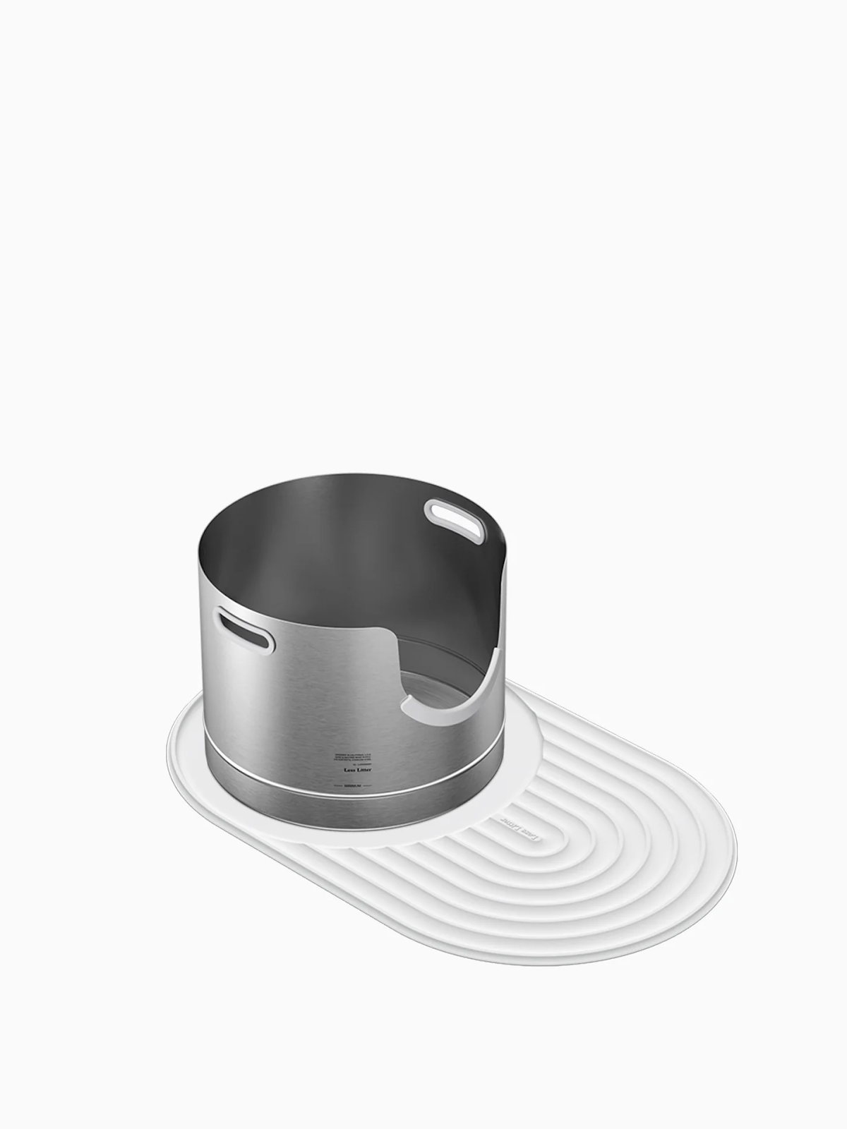 A sleek stainless steel "Less Litter Box" with a gray floor mat, designed for comfort and easy cleanup, placed on a clean surface.