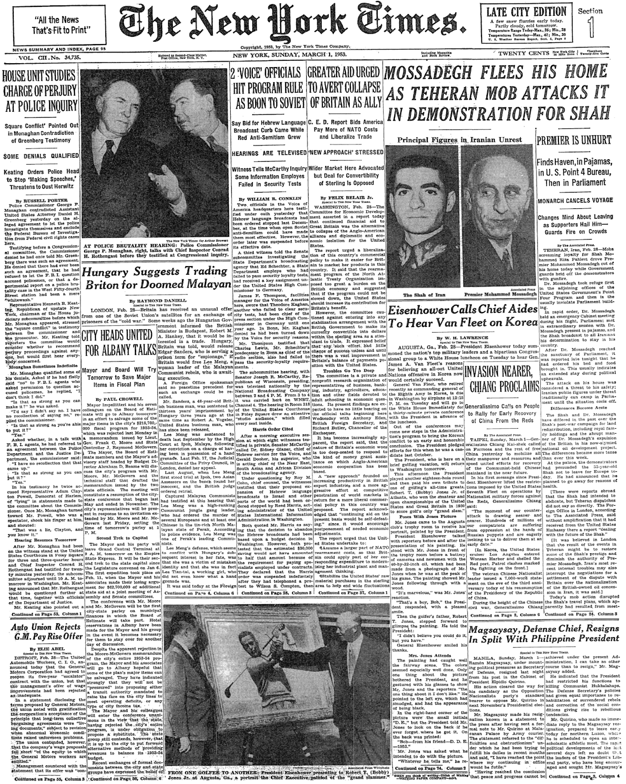 Sunday, March 1, 1953 – The New York Times Front Page