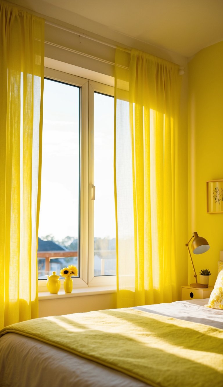 Sunlight streams through lemon zest curtains into a cozy yellow bedroom, illuminating the cheerful decor and creating a warm and inviting atmosphere