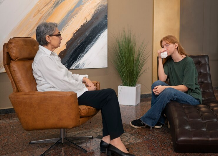 red head female sitting in a chair and blowing her nose as she is talking to her female outpatient mental health therapist