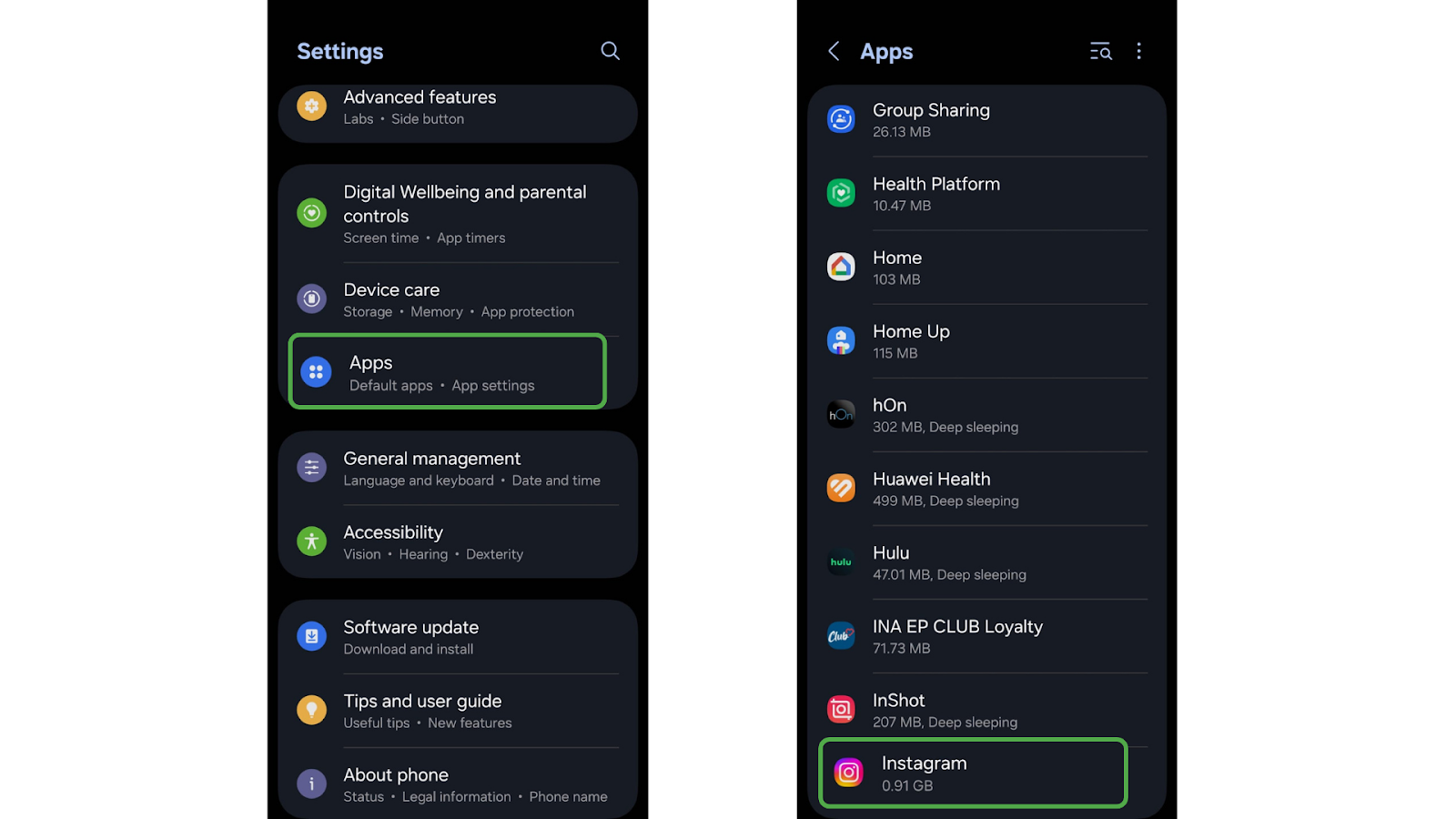 (On the left) Screenshot of the settings interface on Android 15 with the "Apps" button highlighted; (On the right) Screenshot of the Apps settings interface on Android 15 with the "Instagram" button highlighted