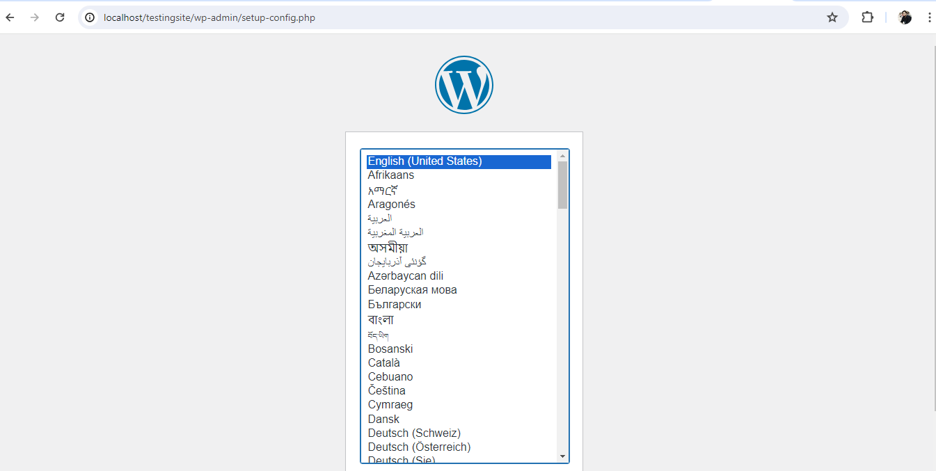 WordPress installation language selection