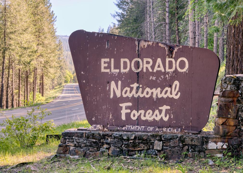 Eldorado National Forest welcome sign along the road in California.