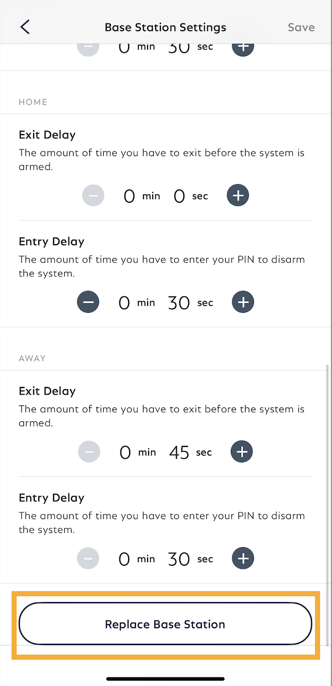 A screenshot of the Base Station Settings page in the SimpliSafe® Mobile App, with the Replace Base Station button highlighted.