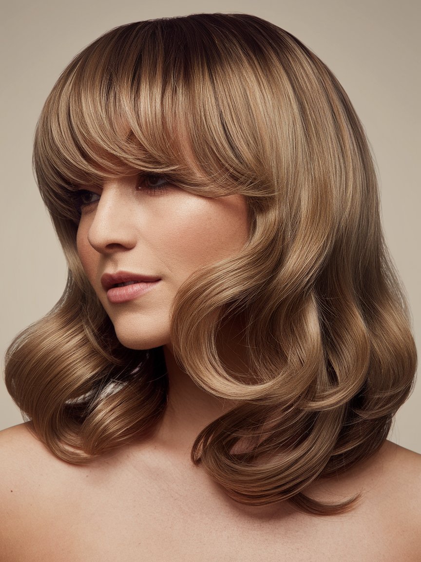 26. Glamorous Medium Hair with Curtain Bangs