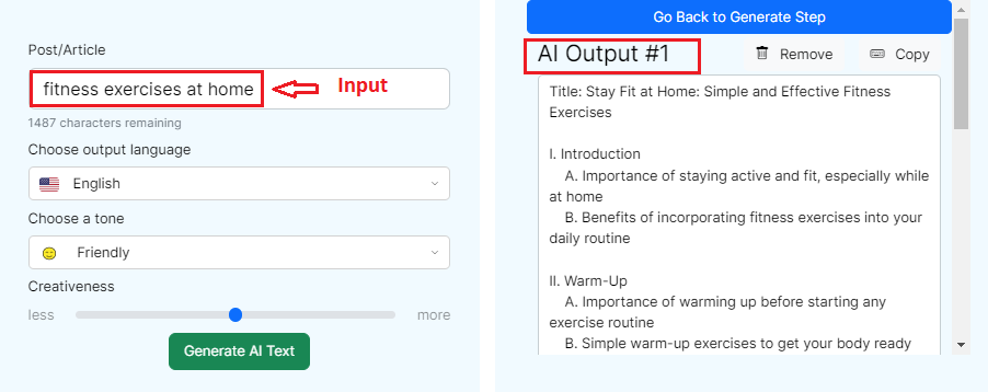 Content Gorilla Free Blog Outline Generator - Input and output